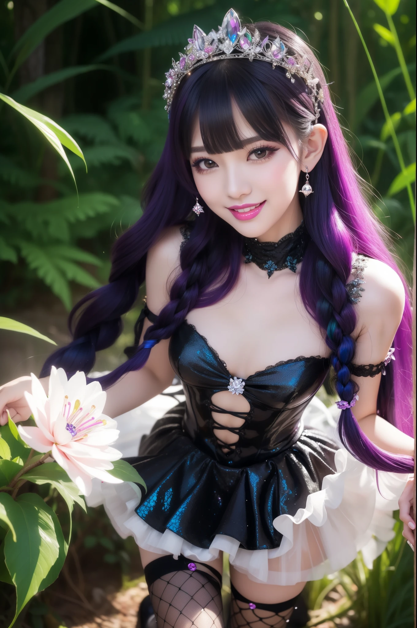 sexy stylish princess who controls poison、beautiful smile、lip-gloss、long lashes、intense makeup、look at the camera、full body Esbian、、sparkling poisoned flower costume、、、、shiny sparkling multicolor hair、secrete poison、skull hair accessories、fishnet tights、shiny sparkling dark magic forest background