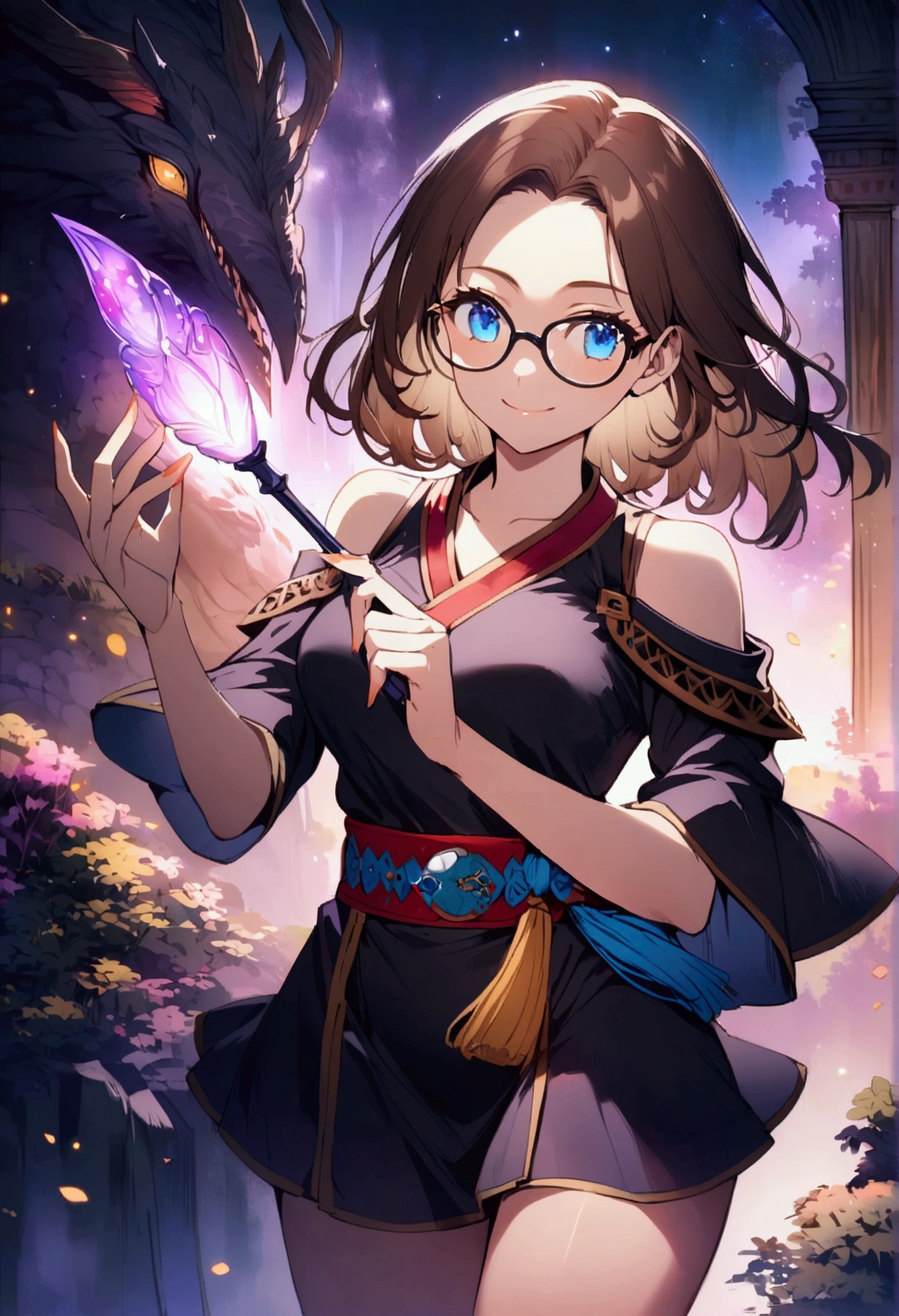 anime woman (shoulder-length brown hair, blue eyes, traditional short Kimono with colorful belt, dark-rimmed glasses, clear forehead, smiling). holding a magic wand with a long handle.  Fantasy world nature in the background. Monster. Magic lights.