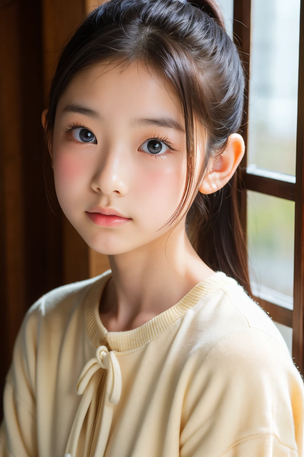 (Beautiful 16 year old Japanese female), cute face, (deeply carved face:0.7), (freckles:0.6), soft light,healthy white skin, shy, ponytail, (serious face), (sparkling eyes), thin