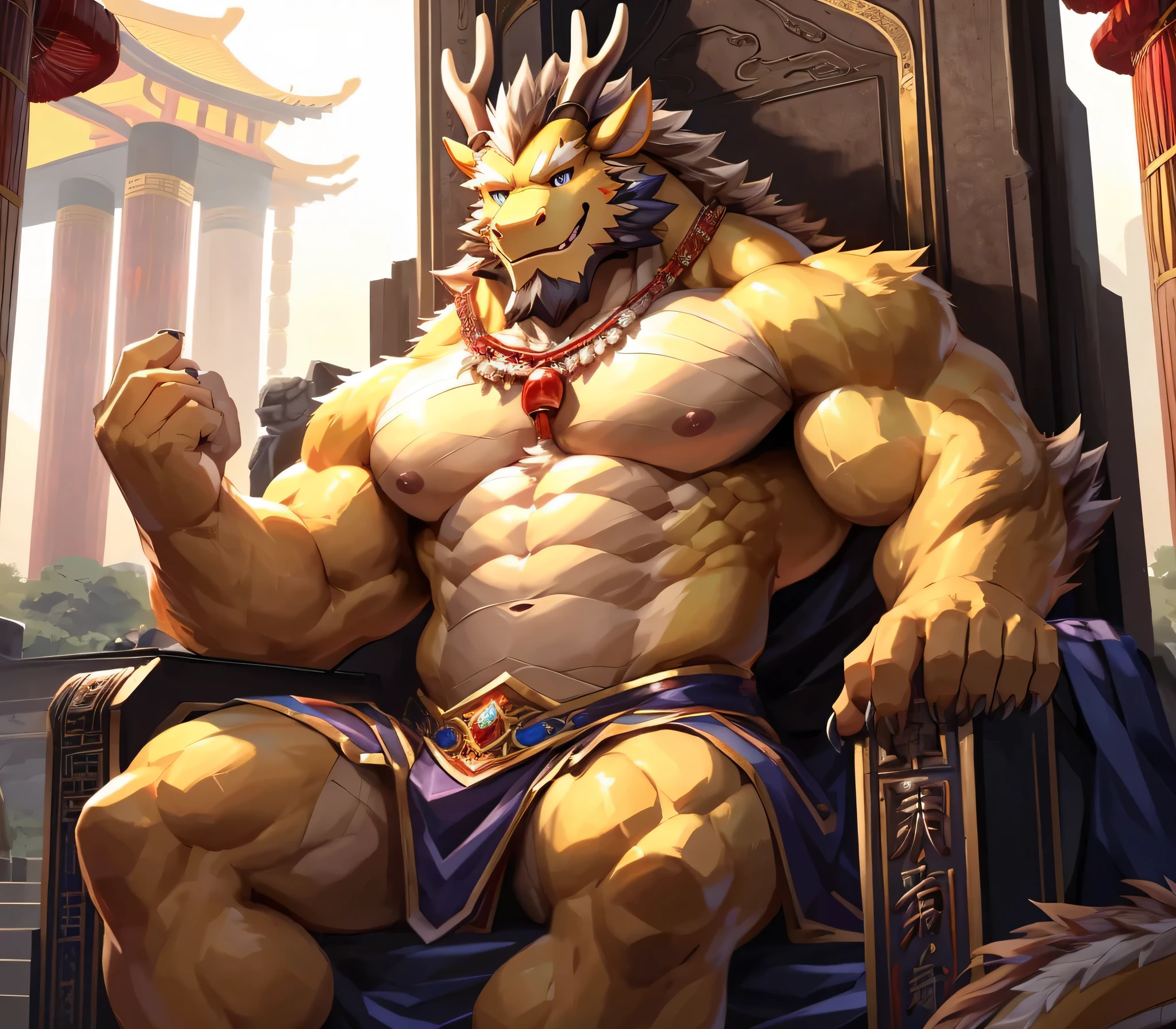 ((best quality)), ((masterpiece)), (ultra detailed),perfect face,antro oriental dragon:2.5, male , (((chinese dragon))):2.5, (((eastern dragon))):2.5,((yellow body)), (strong beefy muscular body), (abs, strongmuscles, 8 pack), furry, handsome,Beautiful and delicate eyes, (ultra detailed eyes, (mauve color):0.2 eyes, sharp eyes), night, detailed scene,full body, shirtless, topless, pink nipples, (artist: null-ghost,traver009, lindong, pino daeni), (full body), wearing random pattern necklace, claws, ((fluffy fur, fluffy, furry body)), majestic, (a pair of dragon antler), topless, muscular male, big fellow, huge body, handsome,handsome, majestic, barbarous, anime, hairy, male,(wearing king costume),(emperor),A contemptuous smile,Facing the camera,Domineering,Sit on the throne,gorgeous,palace, full view, arcane magic, magic chanting