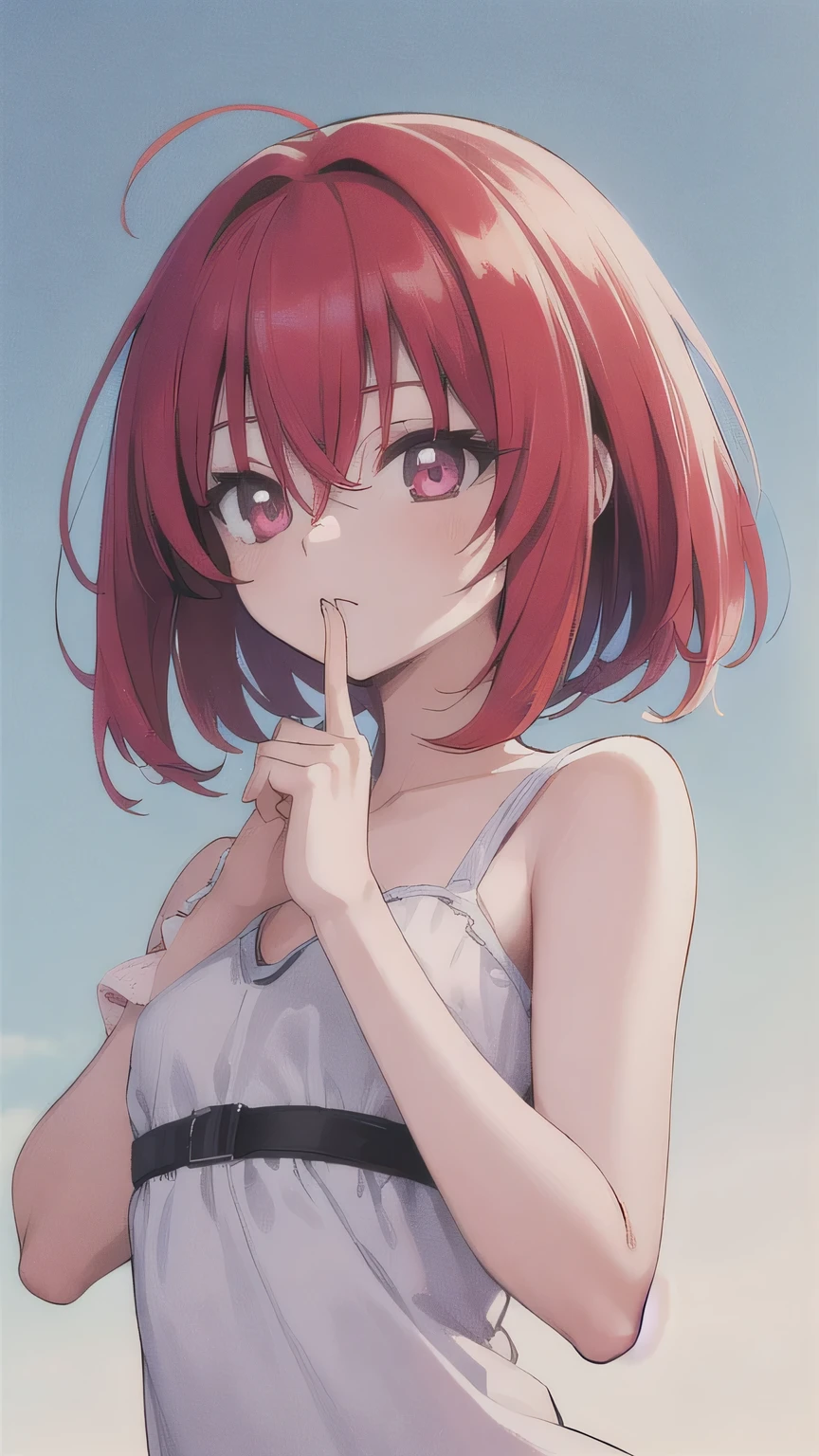 One person, High resolution, Bangs between the eyes, masterpiece, Highest quality, Medium Hair, Red hair,Pink eyes, anime,