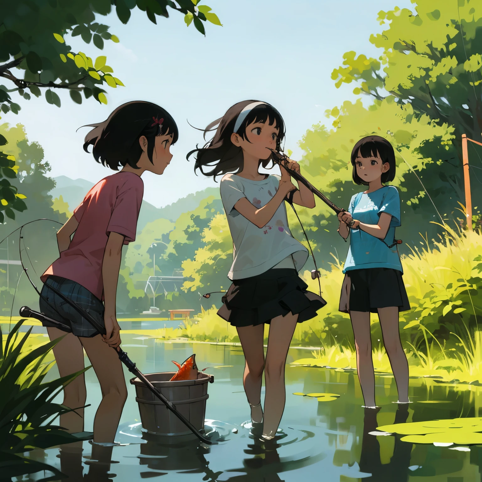 masterpiece, Highest quality,plural, Three Girls, In a beautiful river、fishing、(Holding a fishing rod:1.4)、Fishing with a net、(Holding a bucket)、Water Play、Sandals, Black Hair, short hair、Long Hair, Hair ties, hair band, hair ornaments, Swimwear、Shorts, skirt、dappled daylight、Outdoor, nature, rock, Grassland、
