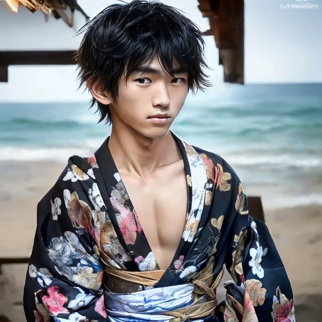 wearing yukata, looking at viewer, on the beach, slim body, slender, Japanese cute boy,　baby face A 20-year-old boy, Black hair, Messy hair, modern, Eye level shots, hyper HD, Masterpiece, (photorealistic, masterpiece, 8K HD, good lighting quality, portrait, closing up on face, intricate details)