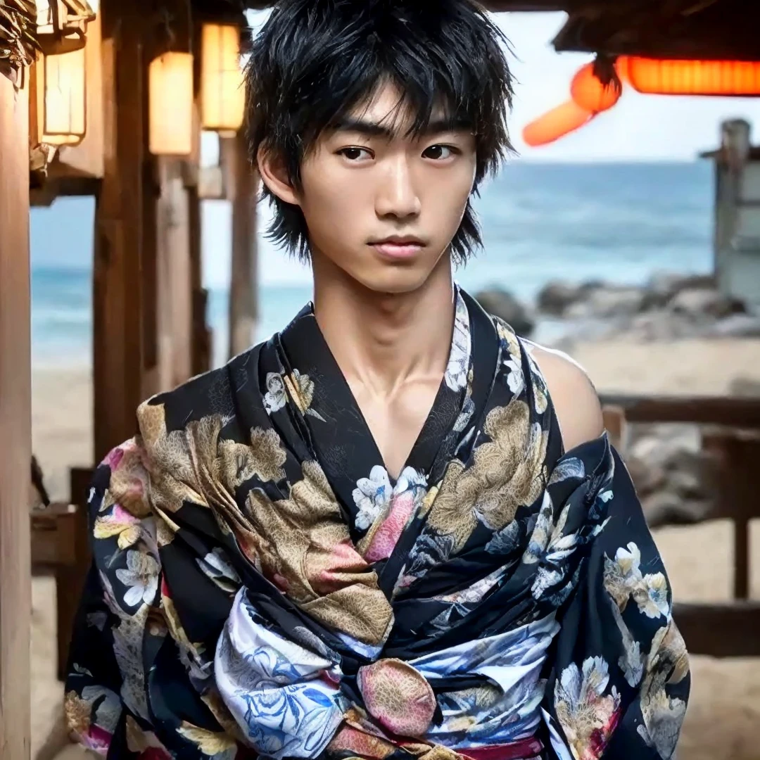 wearing yukata, looking at viewer, on the beach, slim body, slender, Japanese cute boy, baby face A 20-year-old boy, Black hair, Messy hair, modern, Eye level shots, hyper HD, Masterpiece, (photorealistic, masterpiece, 8K HD, good lighting quality, portrait, closing up on face, intricate details)