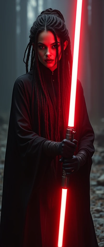 Smartphone wallpapper, beautiful detailed woman with long dreadlocks wearing a black robe, dark lighting,glowing red lightsaber,only light is from glowing lightsaber,illuminated face and cleavage from the lightsaber held in front of her,  a sinister and menacing look, (masterpiece:1.2),ultra-detailed,photorealistic,sci-fi, ,moody atmosphere,dark fantasy, Dark and moody, muted color palette, very Dark and Simple background, star wars, sith lord,