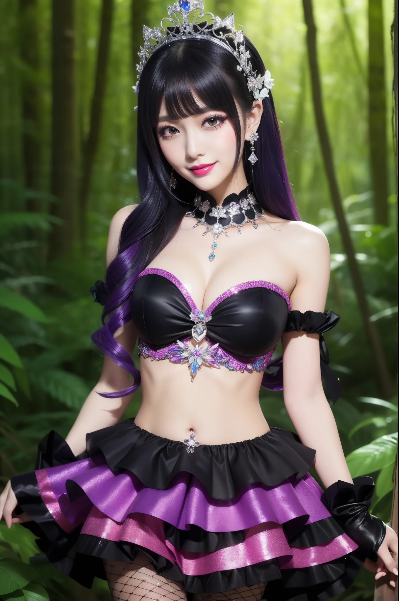 sexy stylish princess who controls poison、beautiful smile、lip-gloss、long lashes、intense makeup、look at the camera、full body Esbian、、sparkling poisoned flower costume、、、、shiny sparkling multicolor hair、secrete poison、skull hair accessories、fishnet tights、shiny sparkling dark magic forest background