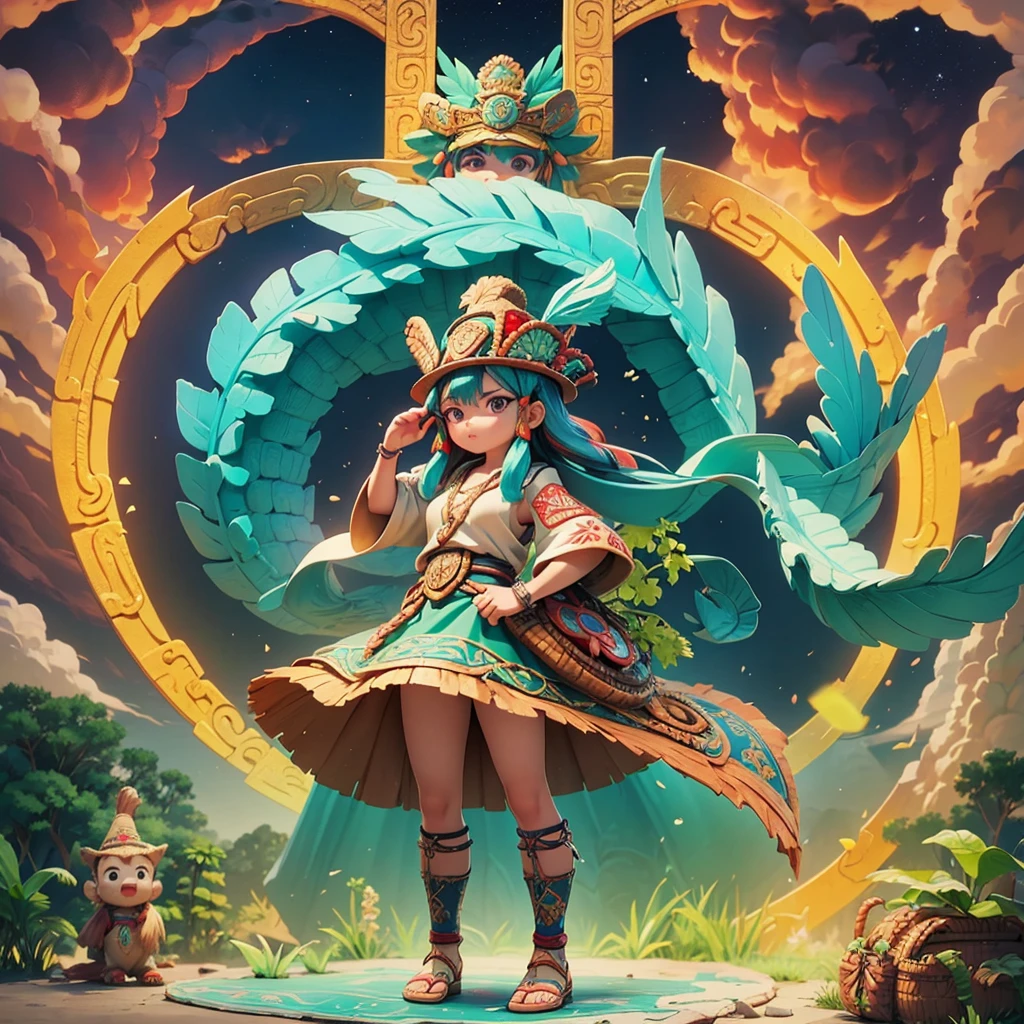 high quality、Very detailed、8age、Mayan Aztec8ageの1Priestess of the People、Flying Feathered Serpent(Quetzalcoatl Kukulkan)look up at the sky and pray、Chichen Itza Forest Temple of the Sun、mysterious、
