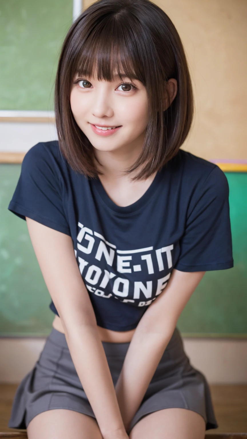 beautiful girl, One Girl, (Cropped logo T-shirt:1.3, mini skirt:1.3), (****:1.3), break, (classroom:1.2), break, Shy laugh, Very beautiful eyes, (Symmetrical eyes:1.3), break, (D cup Breasts:1.2), Brown eyes, Parted bangs, Brown bob cut hair, Round face, cute, break, (Eye and facial details:1.0), Spread your legs:1.3, Shooting from below, Pussy Line, Camel Toe, Looking into the camera, masterpiece, Highest quality, RAW Photos, Realistic, Cute people, Written boundary depth, High resolution, Very detailedな, In detail, Very detailed, Very detailed目と顔, Sharp pupils, Cinema Lighting