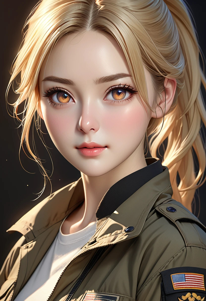 ((realistic)), ((best quality)), ((artwork)), ((extremely detailed face)), ((perfect lighting)), ((extremely detailed CG)), ((perfect hands)), ((perfect anatomy)), Appearance= Fair skin, short, lean, soft curvy, delicate features, very pretty, heart-shaped face, thin eyebrow, pert nose, small mouth; apricot eyes; long blonde hair, usually tied in a ponytail;
Personality= Kind, charismatic, shy
Clothing= Black tactical pants. Combat jacket]