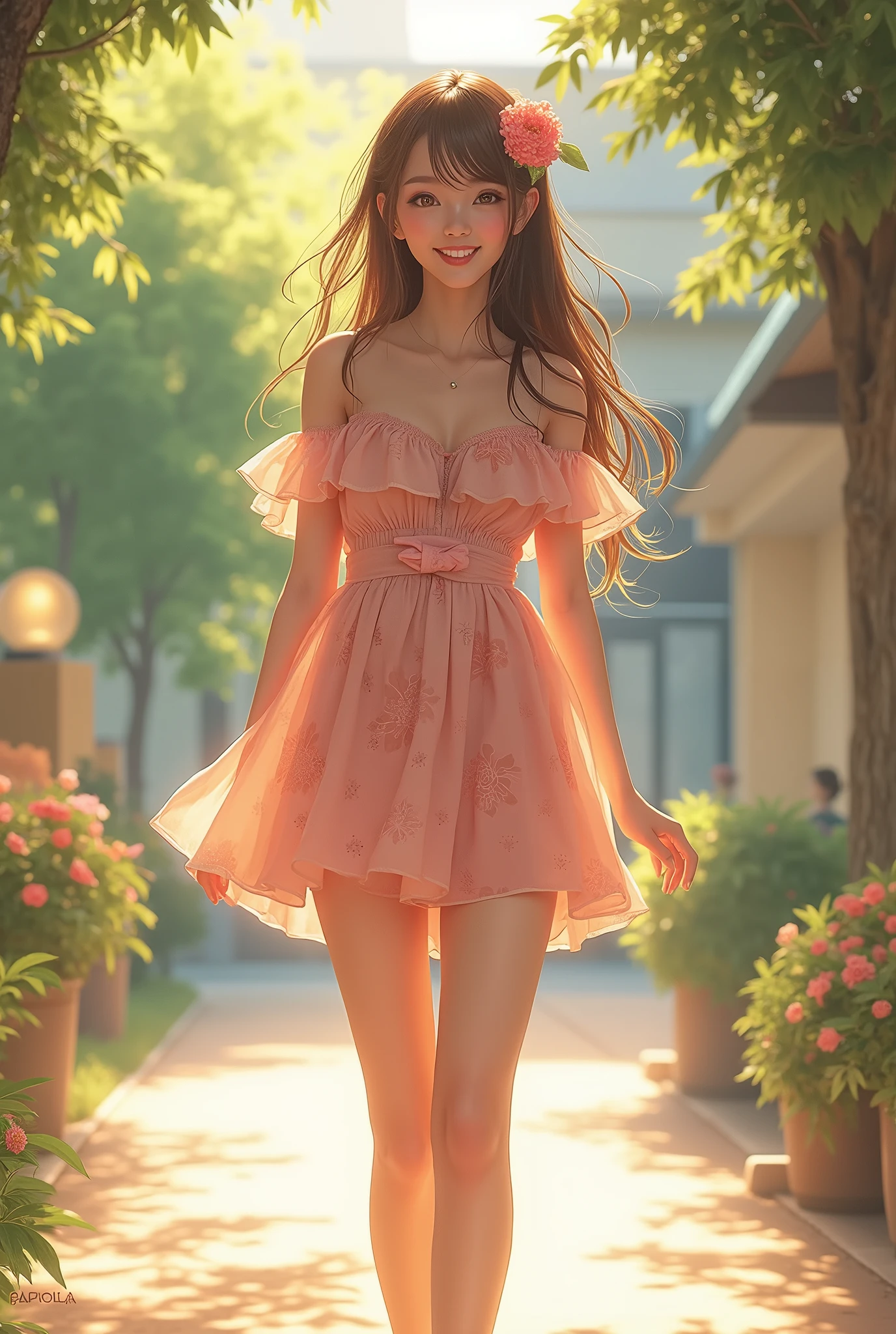 Ultra high quality,High heel,Off-shoulder,Long legs,Cheerful,Sunlight,Short skirt,full-body shot,Wear flowers,charming,Beautiful girl,student,School Belle