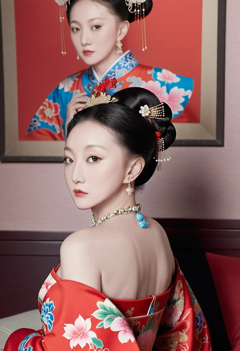 The empress of the Qing Dynasty is wearing a red floral patterned dress, completely naked, with her profile showing and her buttocks sticking out, posing in the luxurious palace of the empress of the Qing Dynasty.