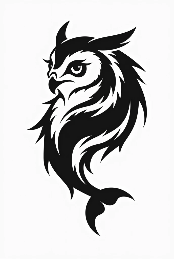"Create a minimalist black and white tattoo design in Trash Polka style that combines the faces of an owl and a dolphin. The design should blend these two animals in a bold, abstract manner with strong contrasts and dynamic lines, capturing the bond between two brothers while embracing the edgy and graphic elements of Trash Polka."