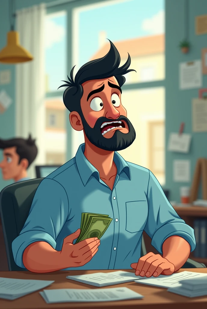 create the image of a man of average height, medium body, 40 year old businessman with a short black beard, half worried face; dressed in a light blue dress shirt with little money in hand. In the background of the image, a business office ; Man must be surrounded by things, papers or people that indicate that the company has many defaulting customers .. The image must be in Disney or Pixar layout.