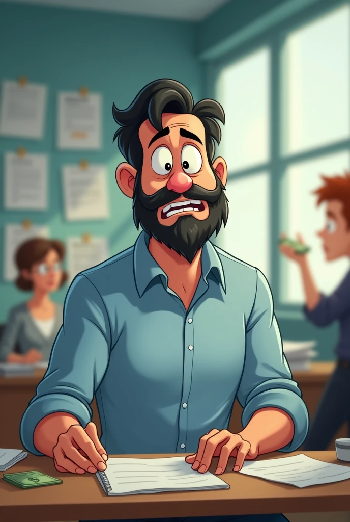 create the image of a man of average height, medium body, 40 year old businessman with a short black beard, half worried face; dressed in a light blue dress shirt with little money in hand. In the background of the image, a business office ; Man must be surrounded by things, papers or people that indicate that the company has many defaulting customers .. The image must be in Disney or Pixar layout.