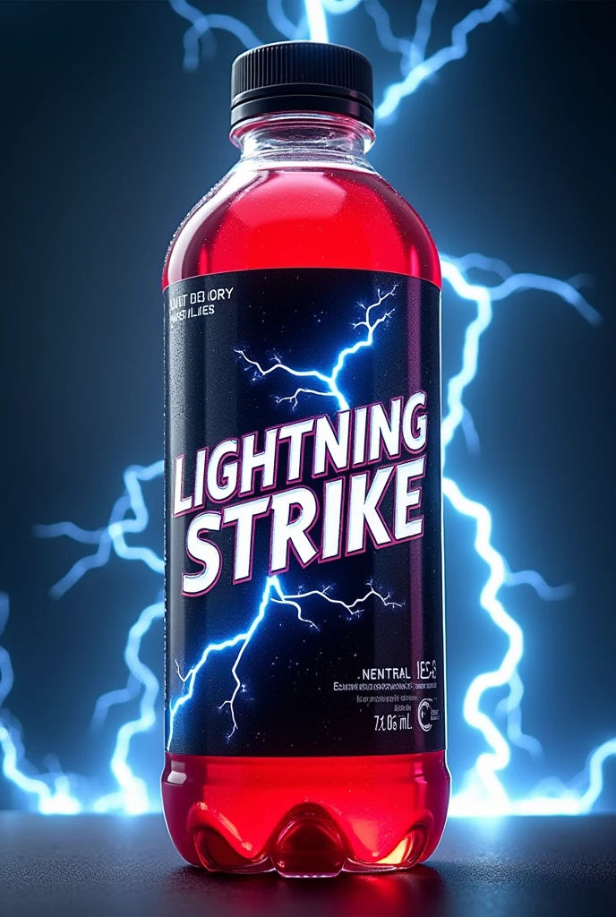  Here's a detailed description of the Lightning Strike energy drink bottle:

---

Product Name: Lightning Strike

Bottle Design:
- Shape: The bottle is sleek and ergonomic, designed for easy grip. It's similar in shape to the Sting energy drink bottle, with smooth curves and a comfortable hold.
- Material: Made from transparent plastic, allowing the vibrant red liquid inside to be clearly visible, creating a striking contrast with the label.
- Cap: The bottle has a screw cap, ensuring it can be easily opened and securely closed.

Label Design:
- Color Scheme: The label features a bold design with a dark, electric blue background, accentuated by metallic silver and white highlights.
- Text: The name "Lightning Strike" is written in a bold, electrifying font that seems to buzz with energy. The text is large and centered on the label, making it the focal point of the design.
- Graphics: Surrounding the text are dynamic lightning bolt graphics that wrap around the bottle, emphasizing the energy and power ociated with the drink. The bolts are sharp and bright, adding a sense of motion and excitement to the label.