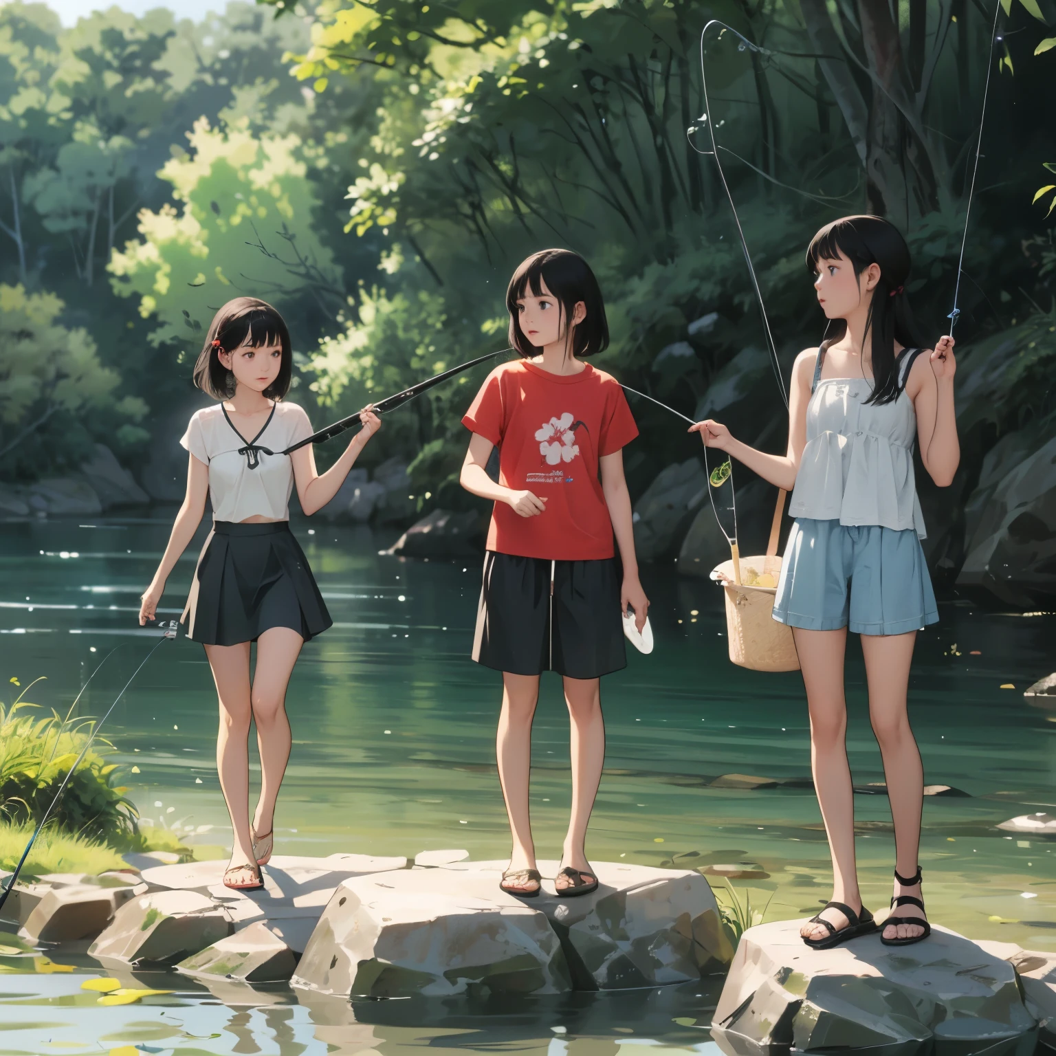 masterpiece, Highest quality,plural, Three Girls, In a beautiful river、fishing、(Holding a fishing rod:1.4)、Fishing with a net、(Holding a bucket)、Water Play、Sandals, Black Hair, short hair、Long Hair, Hair ties, hair band, hair ornaments, Swimwear、Shorts, skirt、dappled daylight、Outdoor, nature, rock, Grassland、