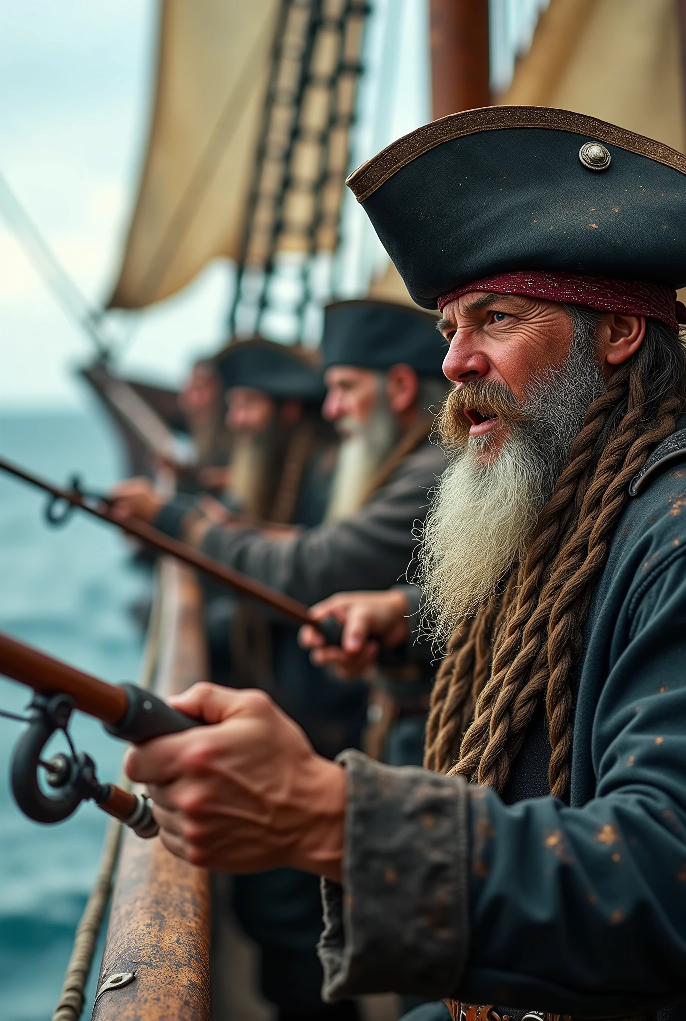Fishing competition on a ship,close-up,photo realistic,pirate ship,pirates,close-up