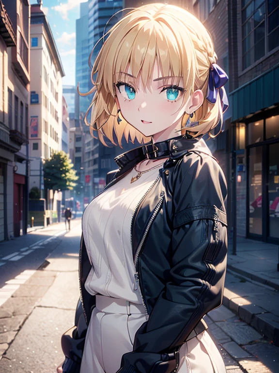 fashion model, masterpiece, beautiful detail, beautiful light and shadow,Beautiful Anime Woman, Beautiful art style, Anime characters,1girl, ((((solo)))),saber,blonde hair, short hair, hair ribbon, casual,Street attire, jacket, white collar,outdoors,winter,smile,parted lips break ((dynamic pose)), dramatic makeup, close-up