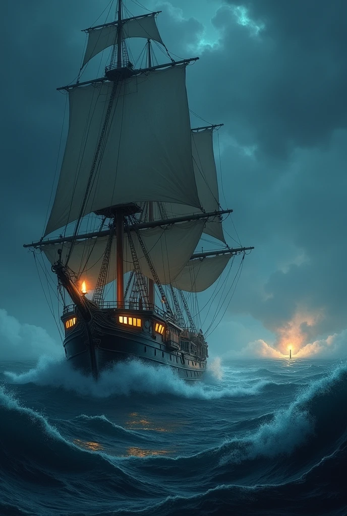 (storm, The ship floats on the waves, his windows are lit with a yellow light and in the distance a candle shows him the way like a lighthouse