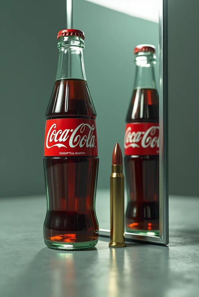 Coca-Cola bottle in front of a mirror. The reflected image on the mirror is in the shape of a bullet. The real image is a natural Coca-Cola bottle.