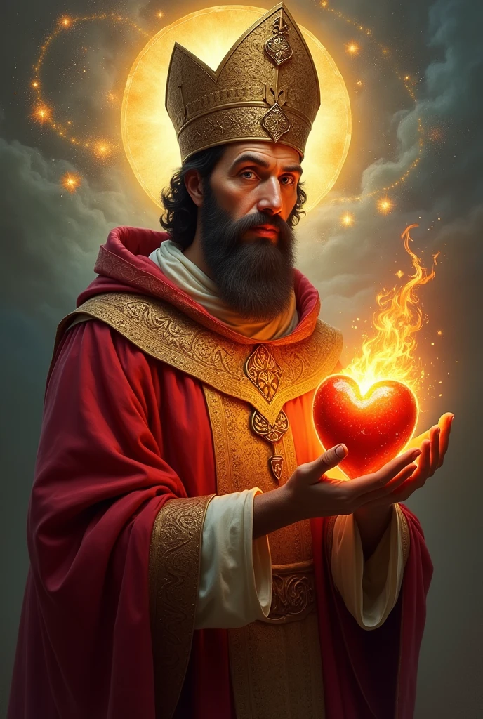 Portray St. Augustine with a deep, contemplative expression, wearing a rich bishop's robe and a detailed mitre on his head. The miter must be clearly visible, with traditional details. He is holding a burning, inflamed heart in one hand.. The background should be celestial and ethereal, with a luminous aura around it and soft lighting that highlights the burning heart, creating an atmosphere of passion and spiritual devotion