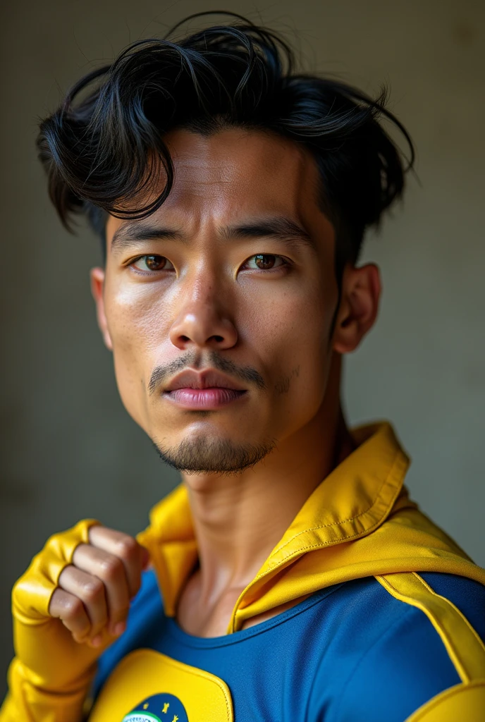 THE COMPLETE BODY OF A BRAZILIAN MAN, round face white, black hair , Dressed as a SUPERHERO , with a close-up capturing the harmonious beauty , showing off your natural charm and outgoing personality.