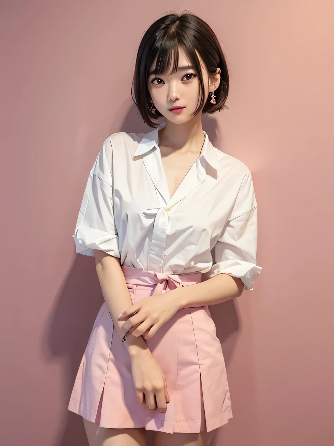 (Highest quality、8k、32K、masterpiece、Hmph:1.2)、Pink Wall、sexy、Age 25、Cute Japan woman photo、Earrings、Twin tails、sexy、thin、slender、(Bobcut)、(Small breasts)、double eyelid、White shirt、Red tie、Red mini skirt、Thighs、Pink wall、whole body、smile、sexy、Thighsが見える