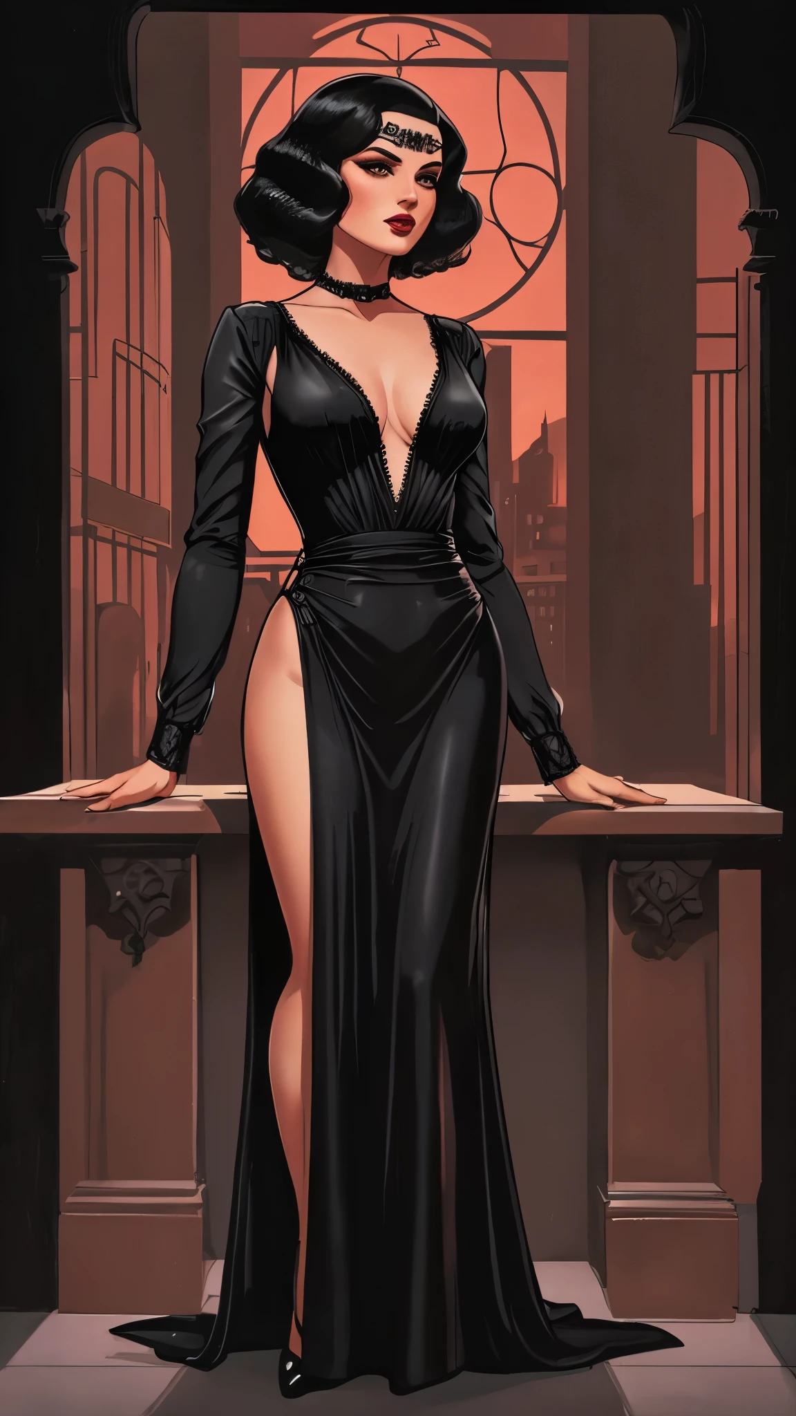 1920s femme fatale, elegantly dressed in a sleek, black, floor-length gown with a plunging neckline and intricate beading, short wavy bobbed hair with a finger wave, bold dark red lipstick, exuding danger and seduction, retro fashion photography, noir film lighting, cinematic composition, high contrast, soft-focus background, textured fabric detail, shadow play, carefully staged composition, low-angle-shot