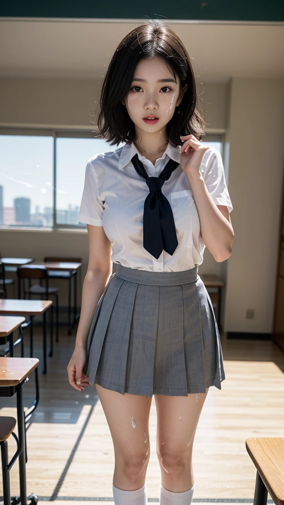 Very realistic、masterpiece、high quality、High resolution、8k、A very beautiful and stylish gravure model、Silver Mesh Hair、Wavy Hair、short hair、Pixie Cut、Schoolgirl uniform、Pleated skirt、socks、Standing in classroom、Detailed face、Detailed and perfect eye、(A large amount of thick semen is splashed on her face: 1.2)、Full Body Shot、Perfect Legs、Perfect body、(View Viewer)、Perfect hands、Realistic panties、Natural and realistic skin feel、(Being forced to lift her skirt and show her panties：1.3)、Beautiful and sexy face、A slightly bird&#39;s-eye view