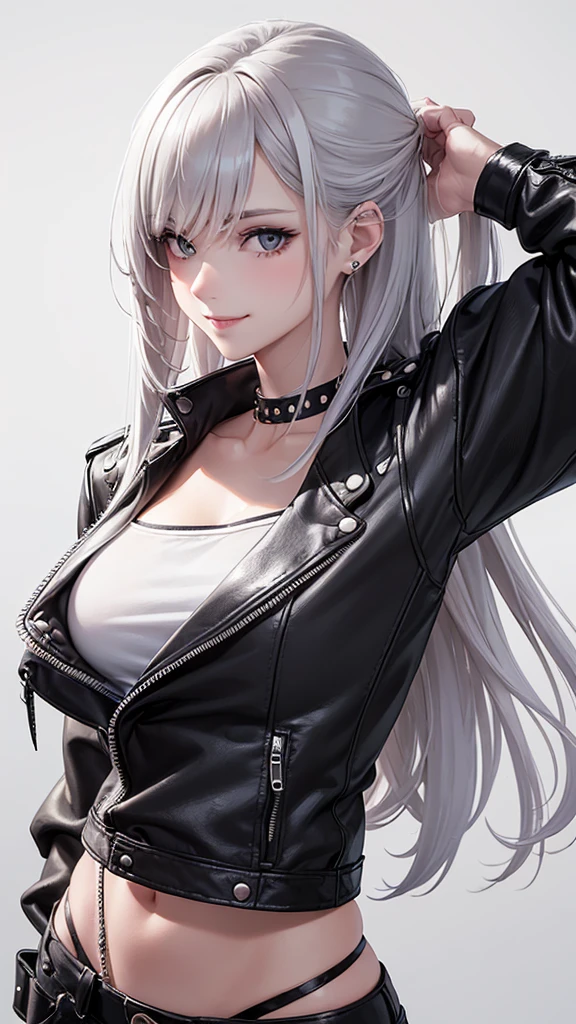 Best Quality,High resolution,8k,(plain white background, no patterns, no textures, just a plain white background:1.3),Masterpiece:1.2),beautiful girl,Big Breasts,(Glossy romance gray hair:1.3),messy hair,Beautiful grey eyes,A girl wearing a black leather jacket with metal studs, ripped jeans, and a band T-shirt, embodying a rebellious punk rock style,Gentle look,A refreshing look,smile,Best quality,Best Quality,Aesthetic and aesthetic:1.2,Best details((Super detailed))(High-definition CG illustrations),Slender body,smile,blush,cute,Scrounge,Looking up,Being spoiled,super model