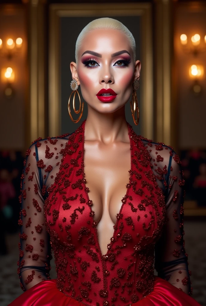 make a display of full body picture of a bald masculine Filipino male drag queen. He is sophisticated and superb with an exaggerated and thick make up for pageant