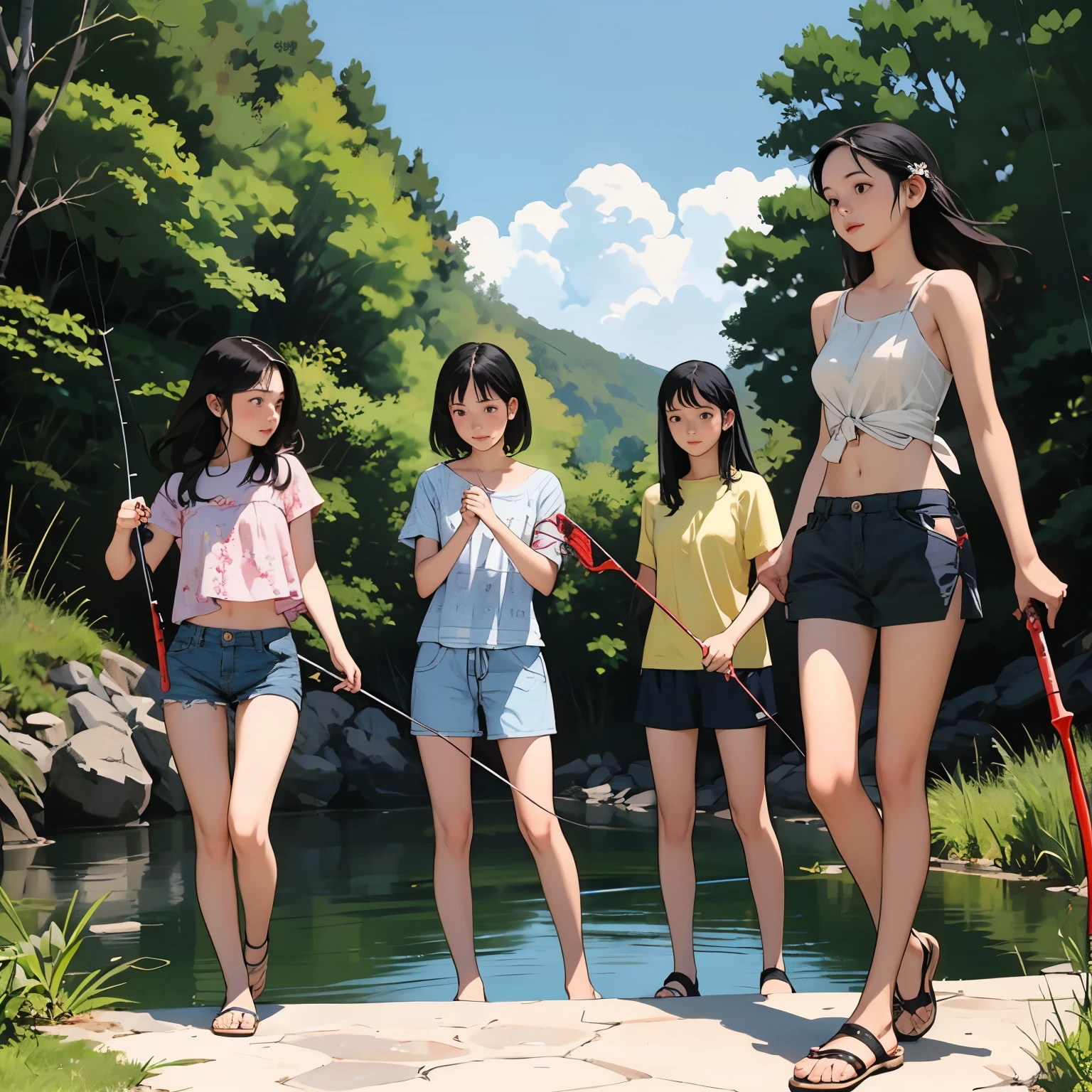 masterpiece, Highest quality,plural, Three Girls, In a beautiful river、fishing、(Holding a fishing rod:1.4)、Fishing with a net、(Holding a bucket)、Water Play、Sandals, Black Hair, short hair、Long Hair, Hair ties, hair band, hair ornaments, Swimwear、Shorts, skirt、dappled daylight、Outdoor, nature, rock, Grassland、