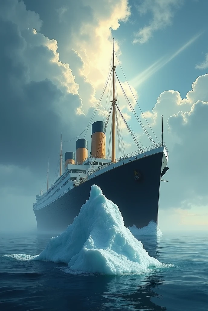 Do the Titanic in front of a not so big iceberg with God in the clouds laughing