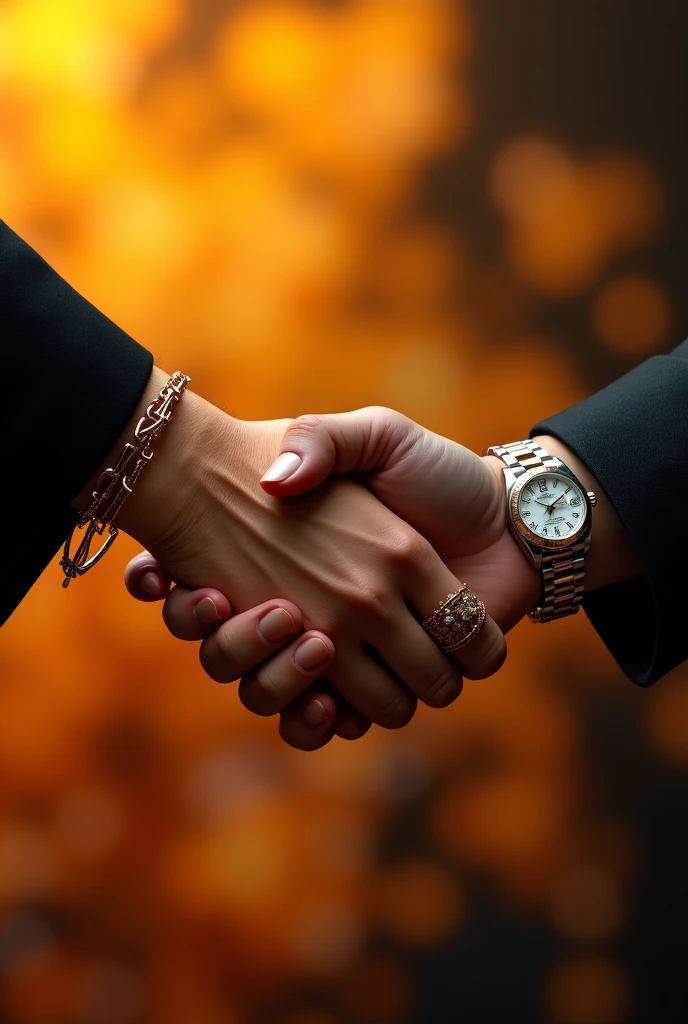 I created a handshake, where on the wrist there are women's bracelets cartier and a Rolex watch, symbolizing the closing of a new partnership between two companies, the background must contain orange, yellow and black. more female the hands