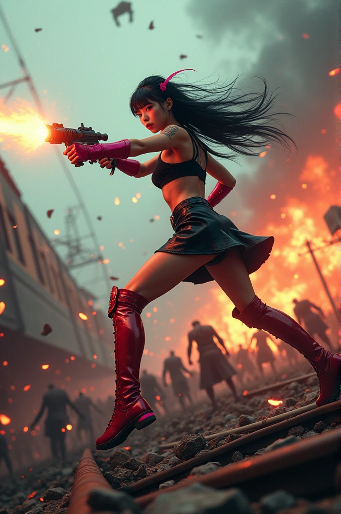 Pop punk style, low-angle shot, close-up, a pretty Asian girl long black hair bang ( lalisa style) as warrior wearing a black & pink top and short black skirt, leather red boots flying in the air, on the train roof, action pose, using plasma cannon, shootting to zombies army, epic body dynamics, a highly detailed masterpiece, gigantism, dramatic cinematic lighting, tons of flying debris around her, epic and dynamic composition, complex details, CarnageStyle, intensity