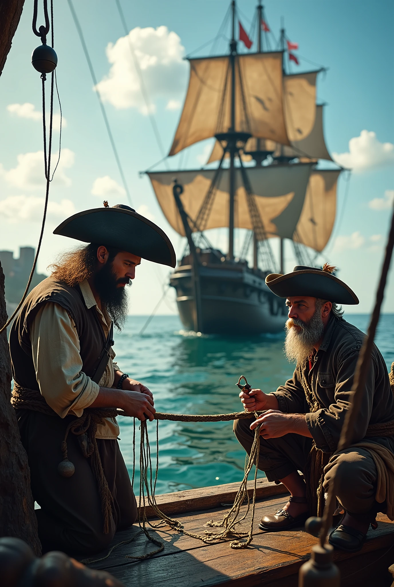 photograph、Pirates in the Age of Discovery、pirate ship、fishing、Several pirates fishing from a boat、Everyday Scenes