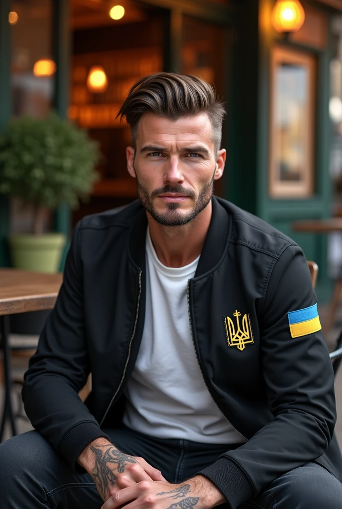 (photorealism:1.2), beautiful man, sitting on chair, wearing balck jacket with ukranian coat of arms, white t-shirt, hairstyle like David Beckham in 2016, no tattoos, outdoors, soft lighting, georgian bar background, sunlight, relaxed pose, realistic, intricate details, warm colors, by Greg Rutkowski, by Alphonse Mucha.