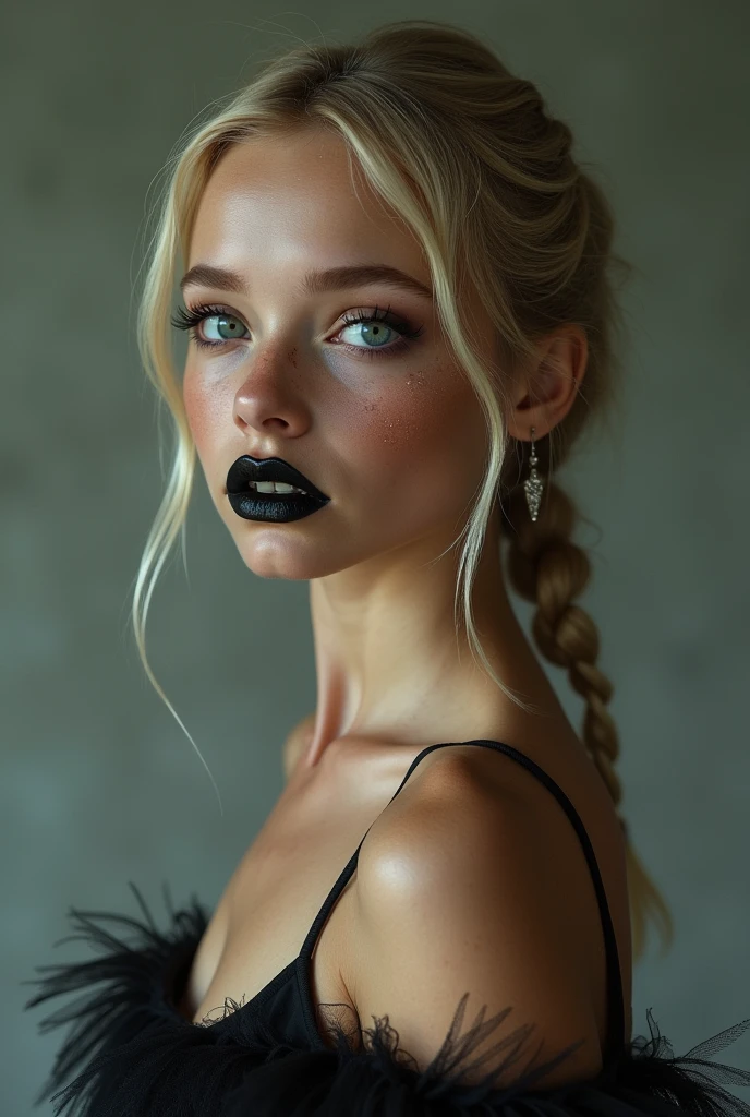 Ein Mädchen 18 Jahre alt lange blonde geflochtene Zöpfe sehr dünn tut Kale Ballett, Unclothed,flat chest,breasts small,smudged makeup,makeup race,perfect lips, black lipstick, orthodontic appliances, freckles,eyes large,blue colored eyes,perspiring, sweats a lot,humida,very detailled, best qualityer, extreme detailed face, Perfect lightning, Ballet studio, Pyear of background, sexually, erotic, unique, 4K, Masterpiece artwork, Kale