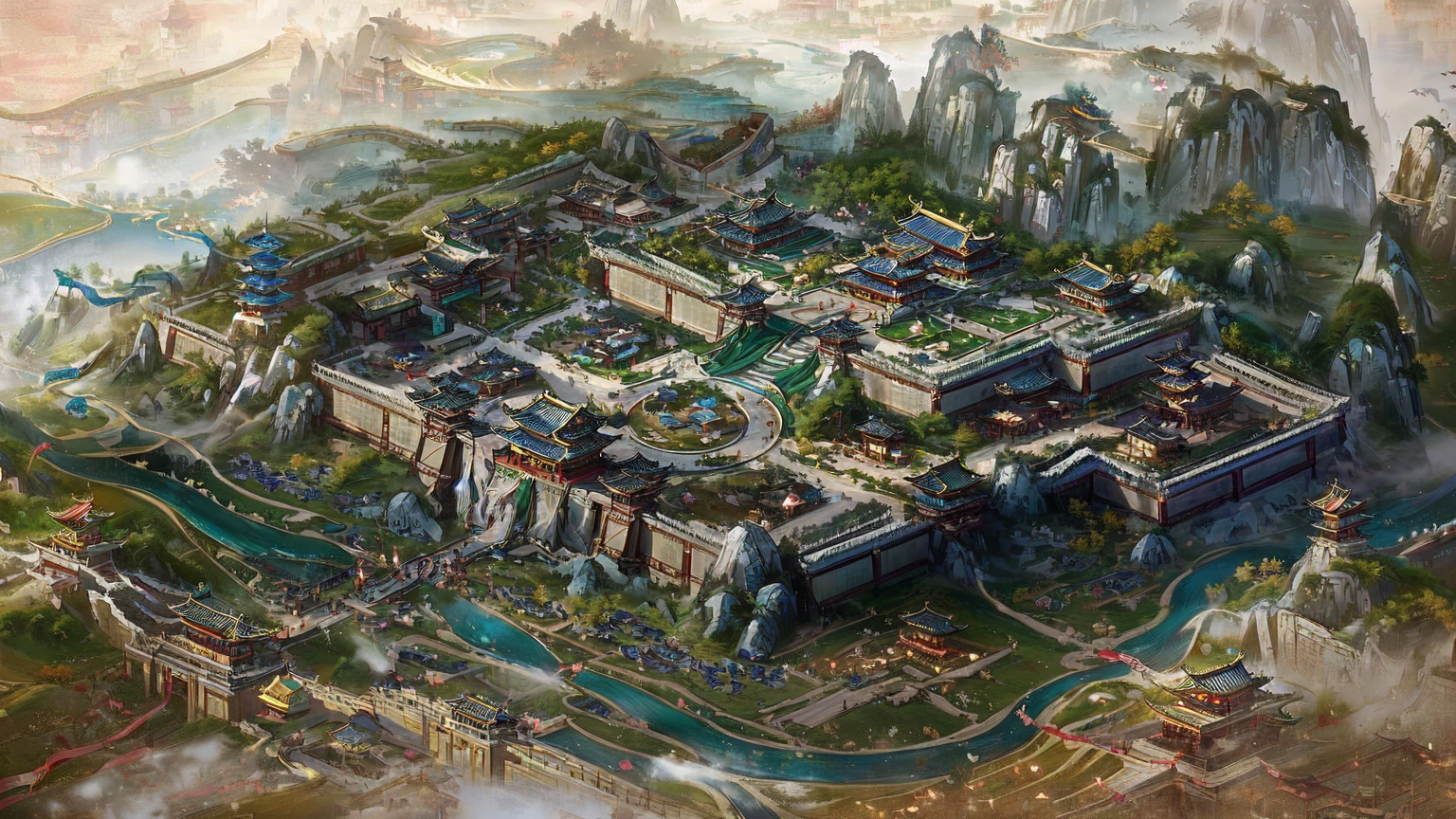 There is a building there，There are many buildings on it。, Beautiful rendering of the Tang Dynasty, Three Kingdoms of China, Game map painting, G Liulian art style, author：Yang J, Ancient city landscape, China Village, Cyberpunk Chinese Ancient Castle, Isometric Game Art, author 王鹗, by Li Zai, author：Ni Yuanlu, Steam Workshop Map