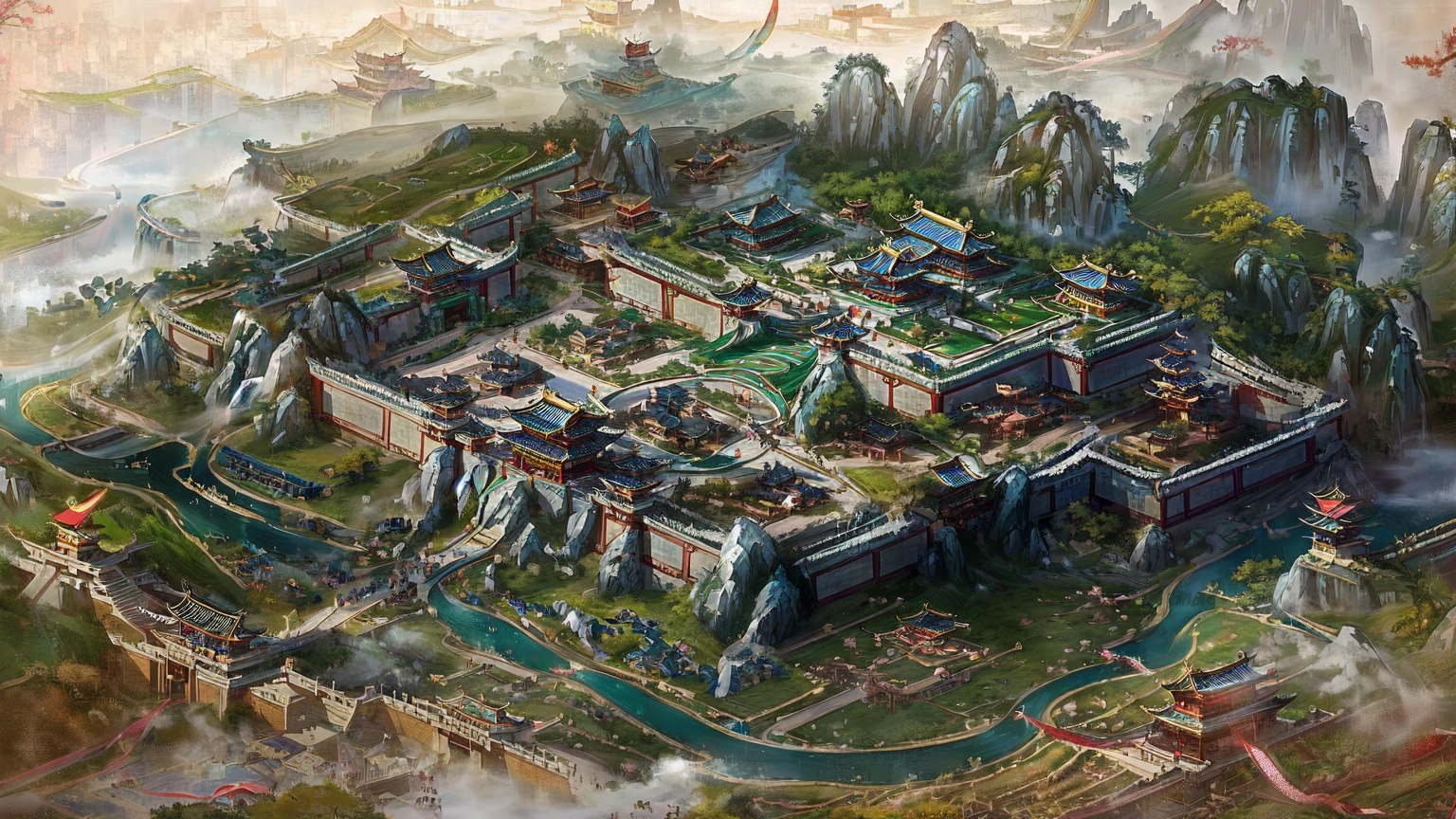 There is a building there，There are many buildings on it。, Beautiful rendering of the Tang Dynasty, Three Kingdoms of China, Game map painting, G Liulian art style, author：Yang J, Ancient city landscape, China Village, Cyberpunk Chinese Ancient Castle, Isometric Game Art, author 王鹗, by Li Zai, author：Ni Yuanlu, Steam Workshop Map