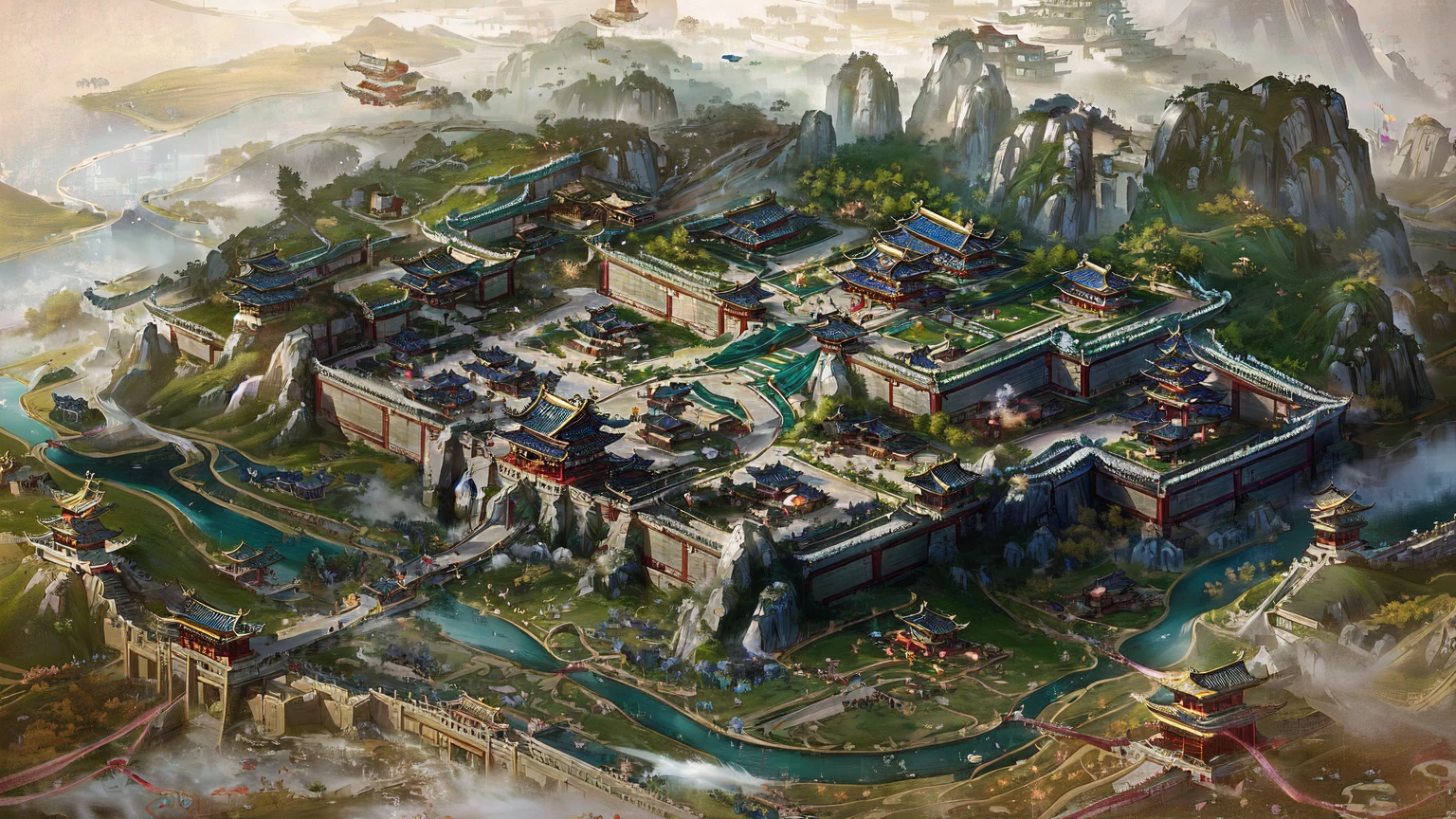 There is a building there,There are many buildings on it。, Beautiful rendering of the Tang Dynasty, Three Kingdoms of China, Game map painting, G Liulian art style, author:Yang J, Ancient city landscape, China Village, Cyberpunk Chinese Ancient Castle, Isometric Game Art, author 王鹗, by Li Zai, author:Ni Yuanlu, Steam Workshop Map