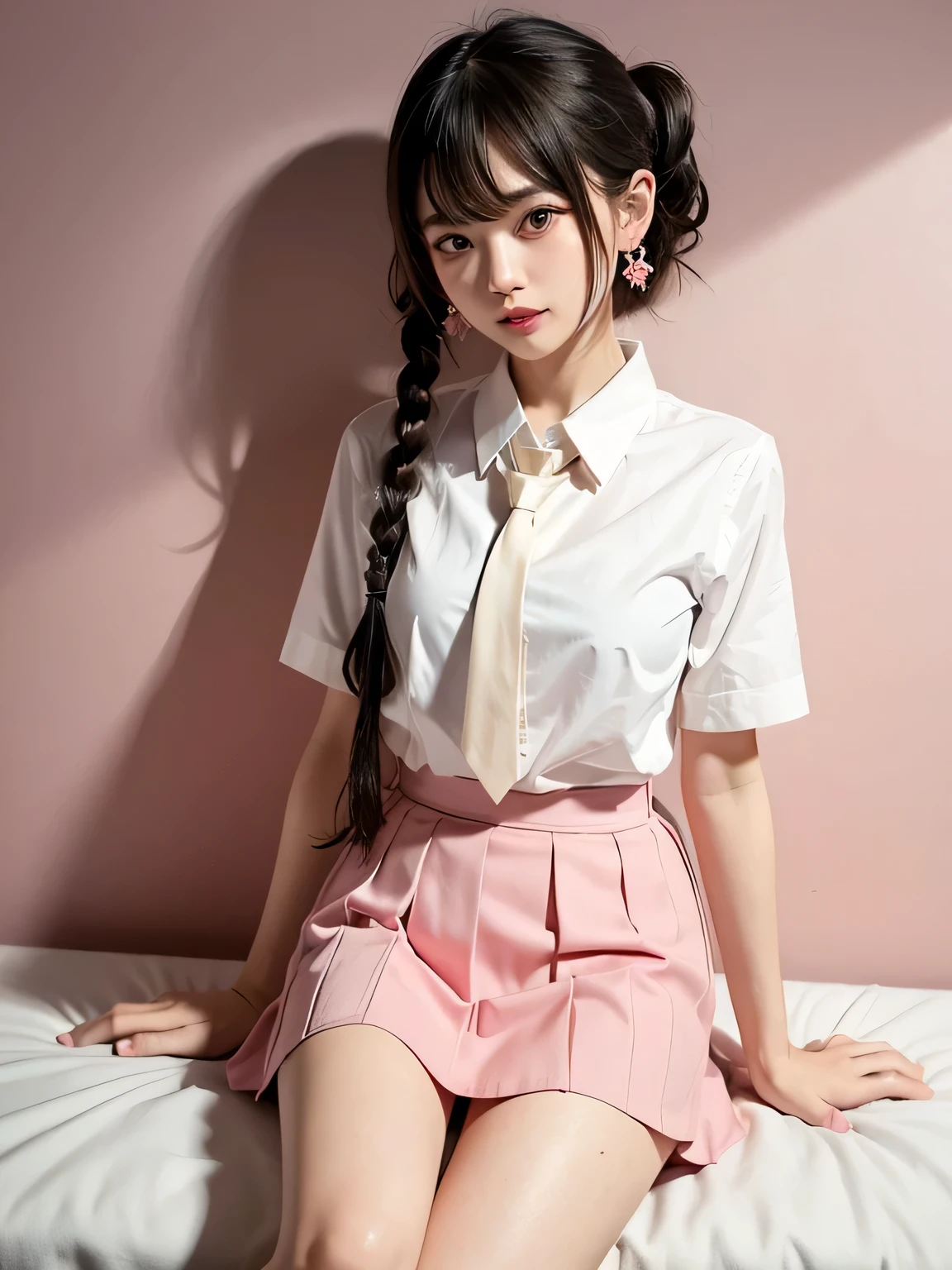 (Highest quality、8k、32K、masterpiece、Hmph:1.2)、Pink Wall、sexy、Age 25、Cute Japan woman photo、Earrings、Twin tails、sexy、thin、slender、(Bobcut)、(Small breasts)、double eyelid、White shirt、Red tie、Red mini skirt、Thighs、Pink wall、whole body、smile、sexy、Thighsが見える