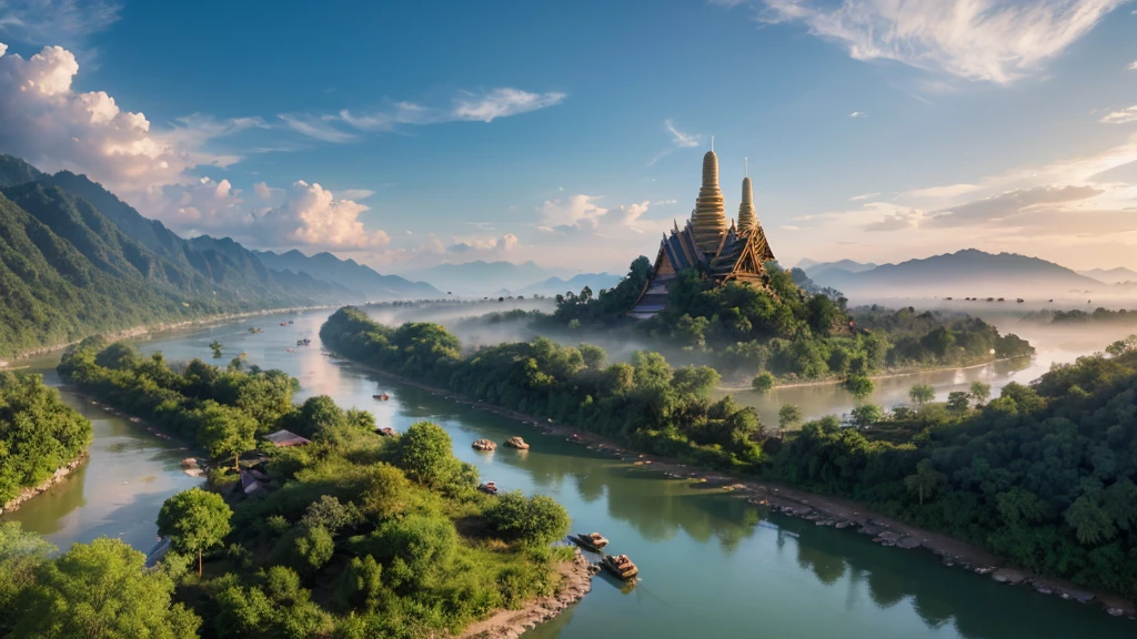 Natural beauty, Ancient village of Thailand.  river, mountain. cloud, Temple. Aerial view,mystical beauty, 8k