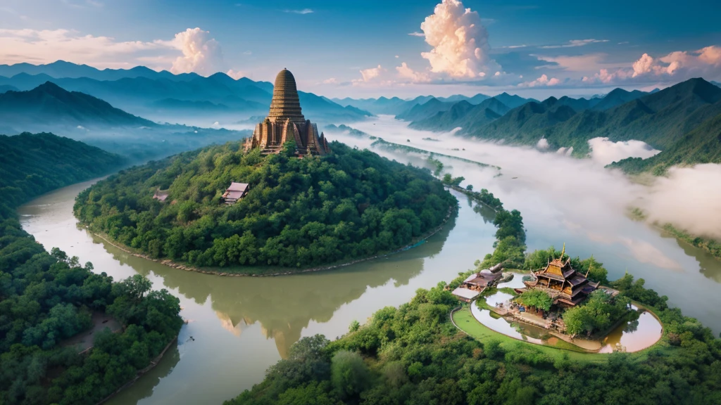 Natural beauty, Ancient village of Thailand. river, mountain. cloud, Temple. Aerial view,mystical beauty, 8k