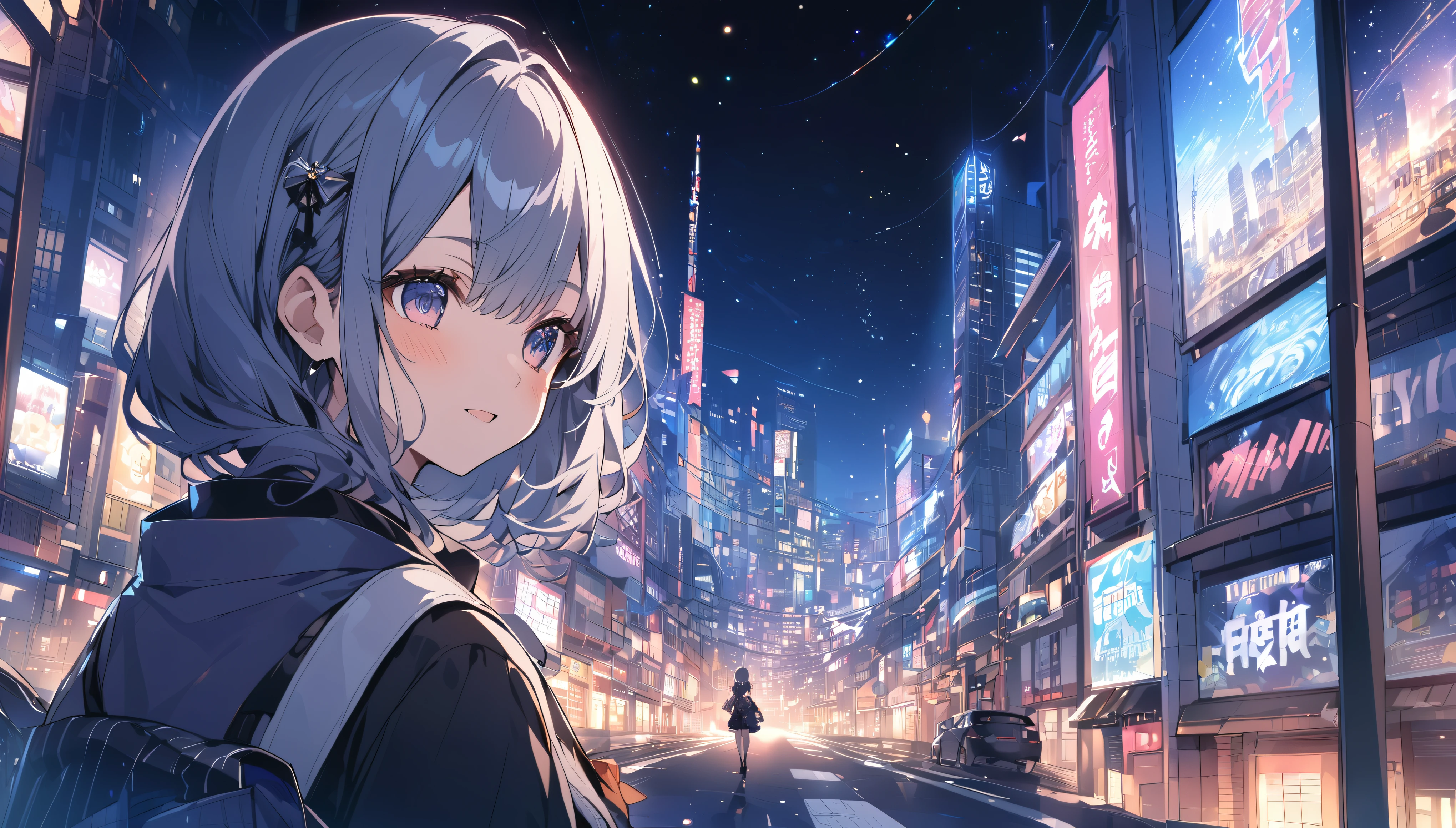 A woman looking at the city of Tokyo,Night starry sky,Streetscape、listen to music、Japanese