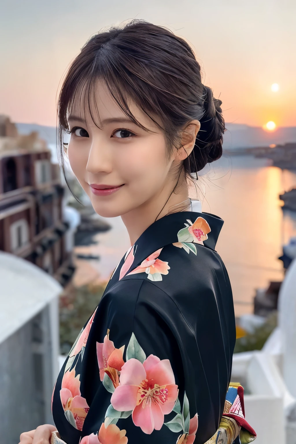 1 person, (Wearing a pink floral kimono.:1.2), Very beautiful Japanese idol portraits, 
(RAW Photos, Highest quality), (Realistic, Realistic:1.4), (masterpiece), 
Very delicate and beautiful, Very detailed, 2k wallpaper, wonderful, finely, Very detailed CG Unity 8k 壁紙, Very detailed, High resolution, Soft Light, 
Beautiful details, Very detailed目と顔, Beautiful and sophisticated nose, Beautiful and beautiful eyes, Cinema Lighting, 
(Commemorative photo on Santorini Island:1.3), (White Building), (blue sky), (Church bells), (Aegean Sea),
(Japanese hairstyle), (Tie your hair at the back:1.3), (bangs), (hairpin), 
Complete Anatomy, Slender body, Small breasts, smile