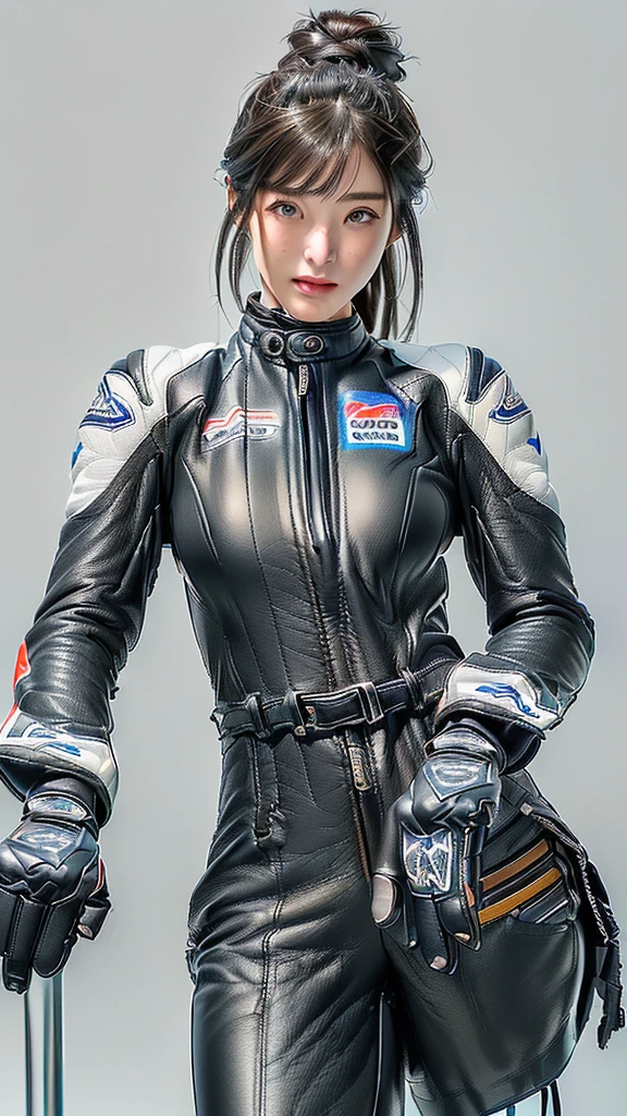 Super delicate beauty, 1 person, Intricate body details,,Unreal Engine:1.4, Enchanted face、Embarrassed face、Open your mouth、Drooling、Wipe away tears、Highest quality、Long limbs、(((motorcycle racing outフィット)))、(((多くのスポンサーのロゴが入ったワンピースbike leather suit着用))、(((blackhead 長い hair))),((Wearing racing leather gloves that cover the fingers and wrists、Wearing long racing leather boots))、Female motorcycle rider、Bike Circuit、Cowhide leather jumpsuit、bike leather suit