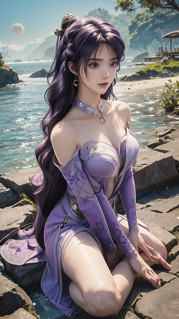 Anime Girl，3d，whole body，(((original photo , Extremely detailed, best quality, high resolution, solitary,))) rest、(Compared:1), whole body、 View from directly above, Lying in the water, Back on the water、 rest、 (((Purple Hair Beach Waves ))), (((cosmetic))),Large Breasts,((night)) 、detailed background,, moon、 rest、Antonio Riva Dress:1.1,Transparent dress:1.3、(very complicated:1.2), High Fantasy, Pretty Face, background, 星river, barefoot, rest、outdoor、river