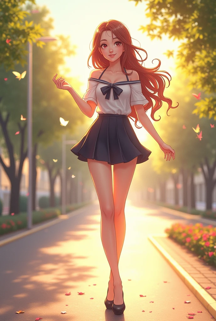 Ultra high quality,High heel,Off-shoulder,Long legs,Cheerful,Sunlight,Short skirt,full-body shot,Wear flowers,charming,Beautiful girl,student,School Belle,High heel