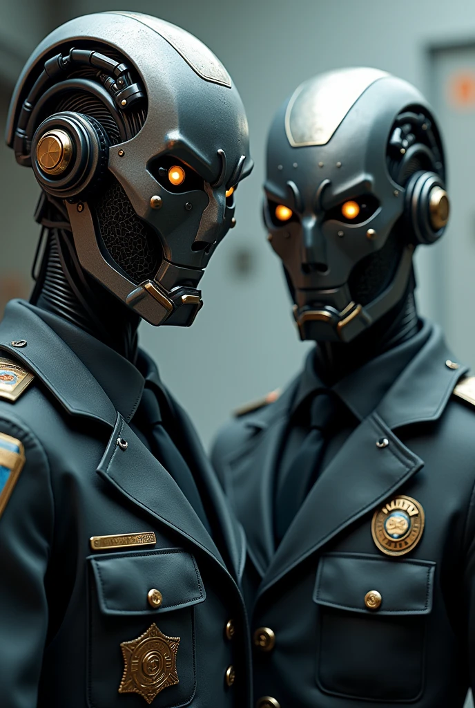 Detective robot brothers portrait, make them close to the camera so their details can be seen, they should dress uninform like cops, they should turn to the camera